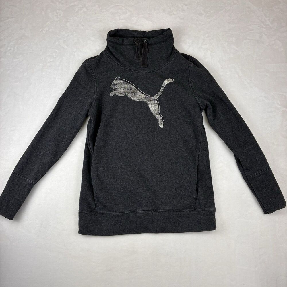 PUMA Funnel Neck Sweatshirt Women’s Size Medium Gray Logo Graphic Activewear